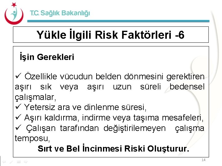 Yükle İlgili Risk Faktörleri -6 İşin Gerekleri ü Özellikle vücudun belden dönmesini gerektiren aşırı