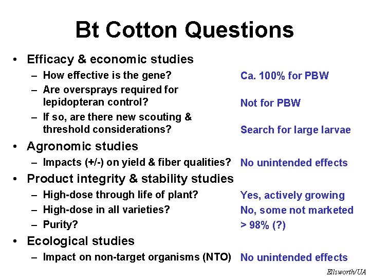 Bt Cotton Questions • Efficacy & economic studies – How effective is the gene?