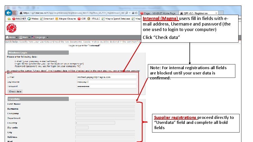 Internal (Magna) users fill in fields with email address, Username and password (the one