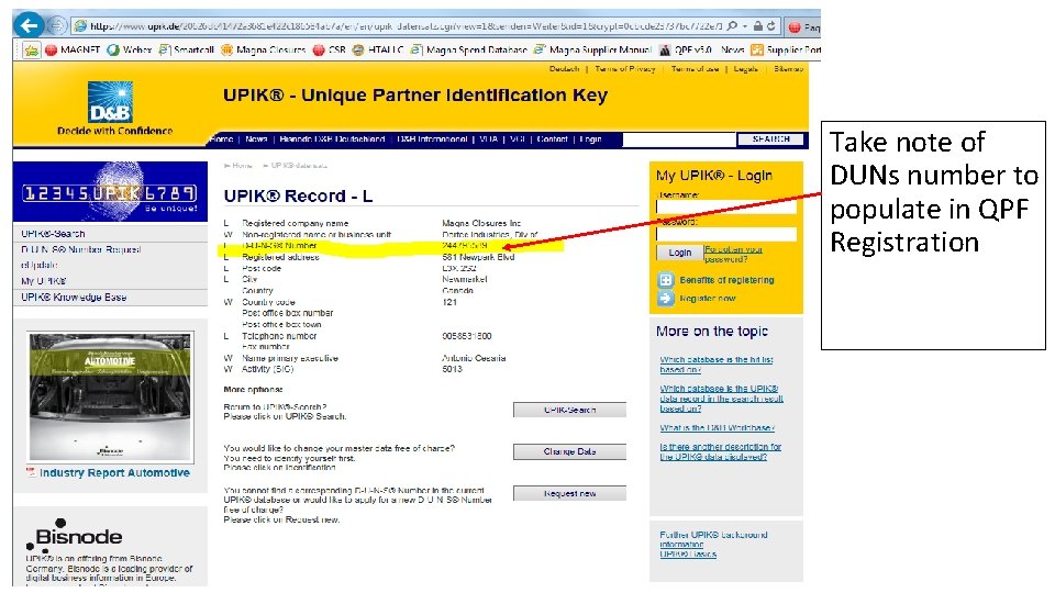 Take note of DUNs number to populate in QPF Registration 