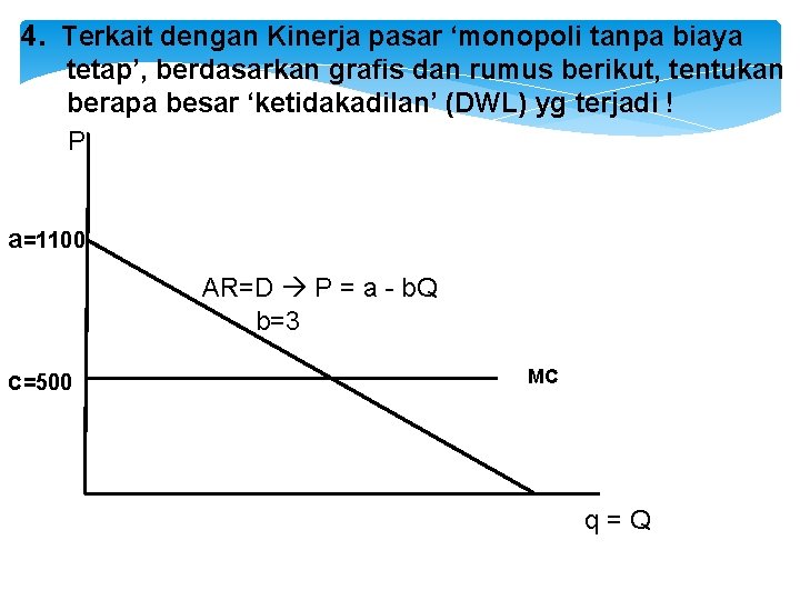 4. Terkait dengan Kinerja pasar ‘monopoli tanpa biaya tetap’, berdasarkan grafis dan rumus berikut,