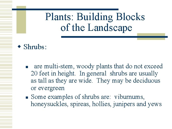 Plants: Building Blocks of the Landscape w Shrubs: n n are multi-stem, woody plants