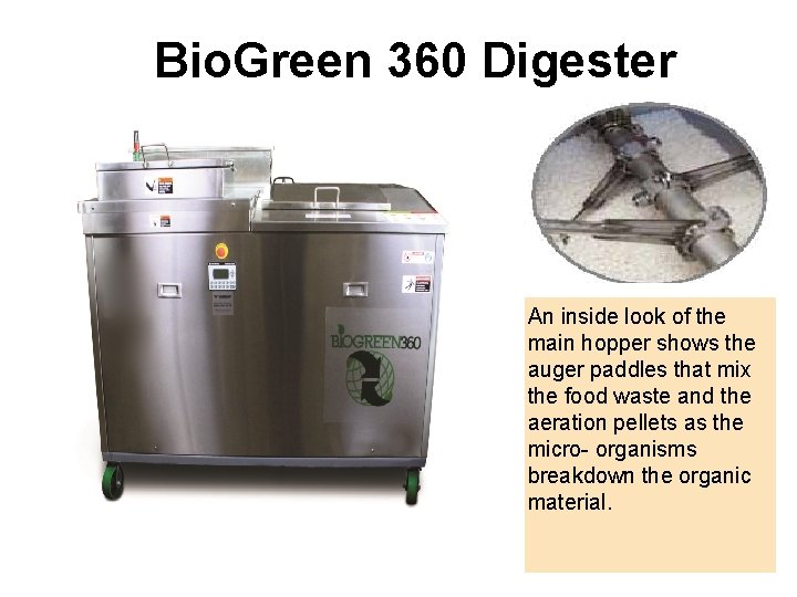 Bio. Green 360 Digester An inside look of the main hopper shows the auger