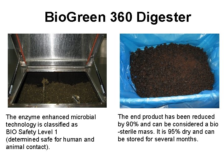 Bio. Green 360 Digester The enzyme enhanced microbial technology is classified as BIO Safety