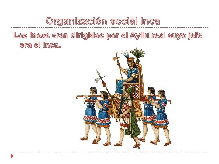 Organización social Inca Los Incas eran dirigidos por el Ayllu real cuyo jefe era