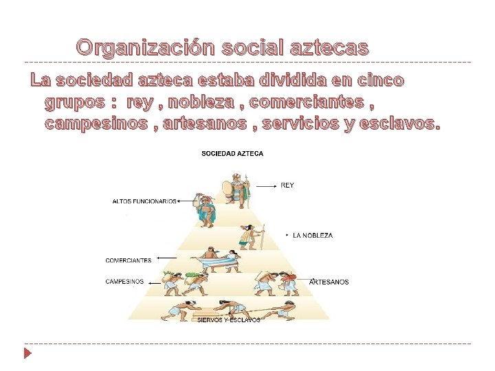 Organización social aztecas La sociedad azteca estaba dividida en cinco grupos : rey ,