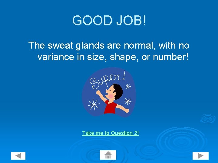 GOOD JOB! The sweat glands are normal, with no variance in size, shape, or
