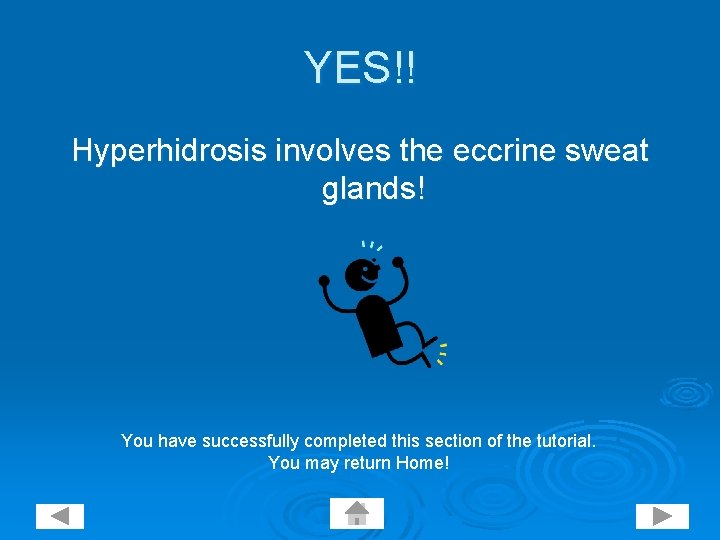 YES!! Hyperhidrosis involves the eccrine sweat glands! You have successfully completed this section of