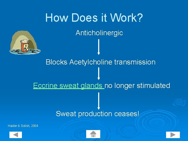 How Does it Work? Anticholinergic Blocks Acetylcholine transmission Eccrine sweat glands no longer stimulated