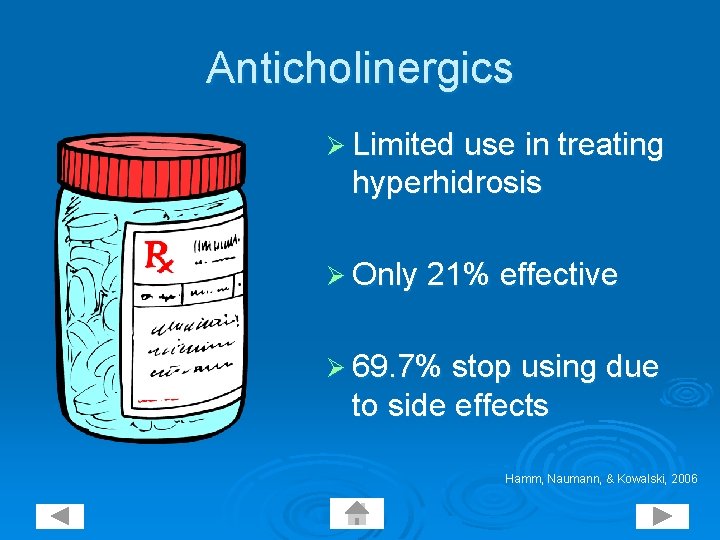 Anticholinergics Ø Limited use in treating hyperhidrosis Ø Only 21% effective Ø 69. 7%