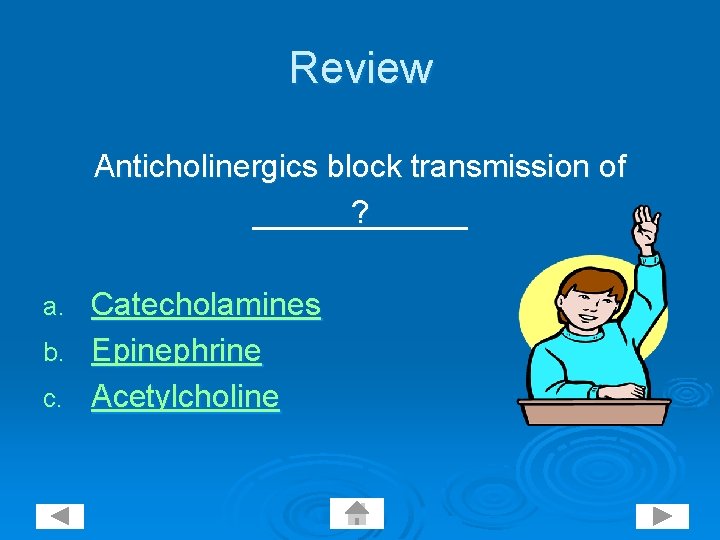 Review Anticholinergics block transmission of ? Catecholamines b. Epinephrine c. Acetylcholine a. 