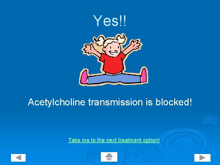 Yes!! Acetylcholine transmission is blocked! Take me to the next treatment option! 