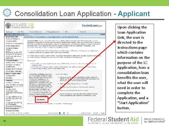 3 Consolidation Loan Application - Applicant Upon clicking the Loan Application Link, the user