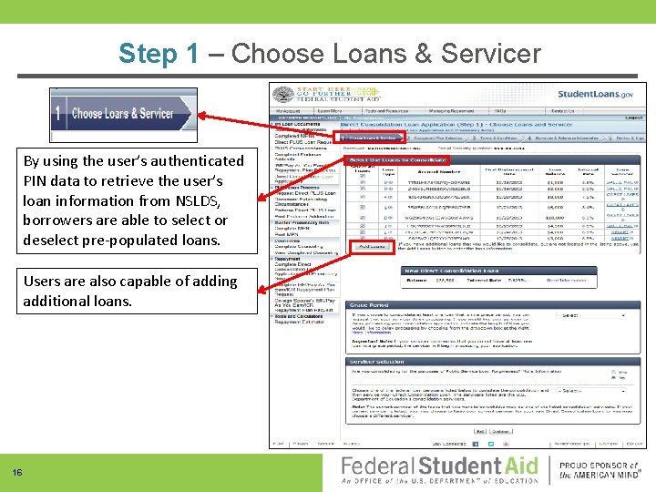 Step 1 – Choose Loans & Servicer By using the user’s authenticated PIN data