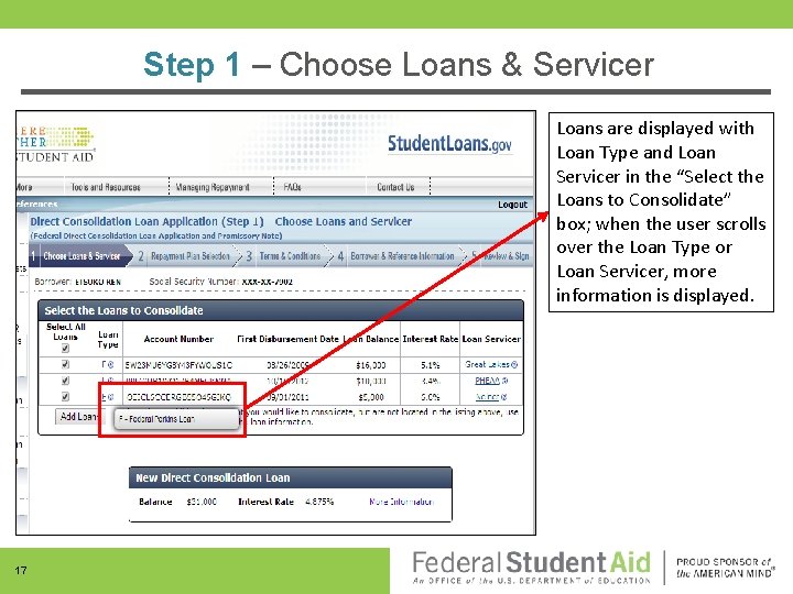 Step 1 – Choose Loans & Servicer Loans are displayed with Loan Type and