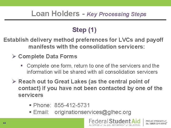 Loan Holders - Key Processing Steps Step (1) Establish delivery method preferences for LVCs