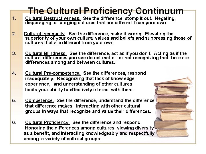 1. The Cultural Proficiency Continuum Cultural Destructiveness. See the difference, stomp it out. Negating,