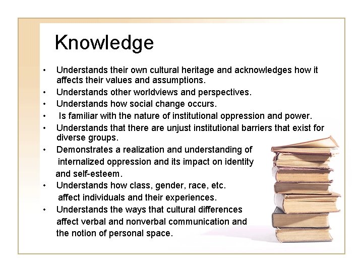 Knowledge • • Understands their own cultural heritage and acknowledges how it affects their