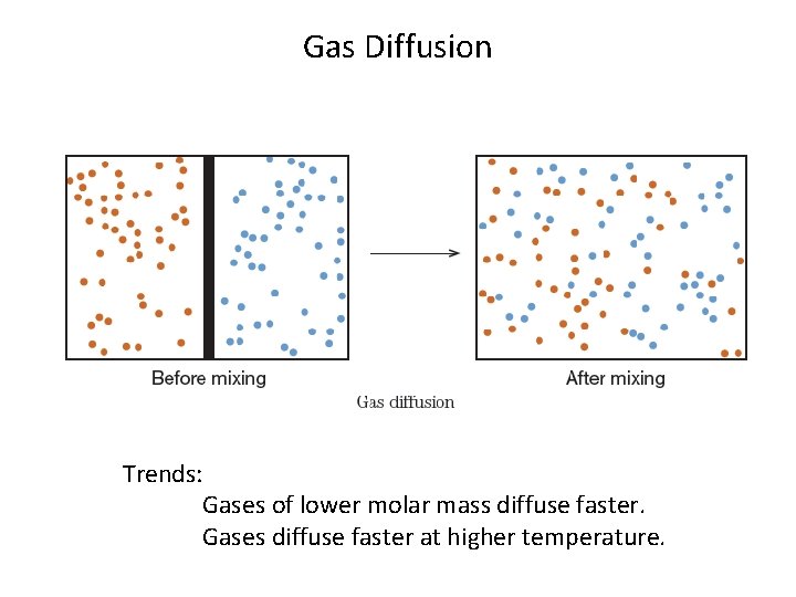Gas Diffusion Trends: Gases of lower molar mass diffuse faster. Gases diffuse faster at Gas Diffusion Trends: Gases of lower molar mass diffuse faster. Gases diffuse faster at