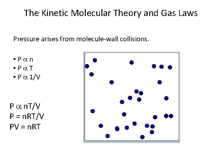 The Kinetic Molecular Theory and Gas Laws Pressure arises from molecule-wall collisions. • P The Kinetic Molecular Theory and Gas Laws Pressure arises from molecule-wall collisions. • P