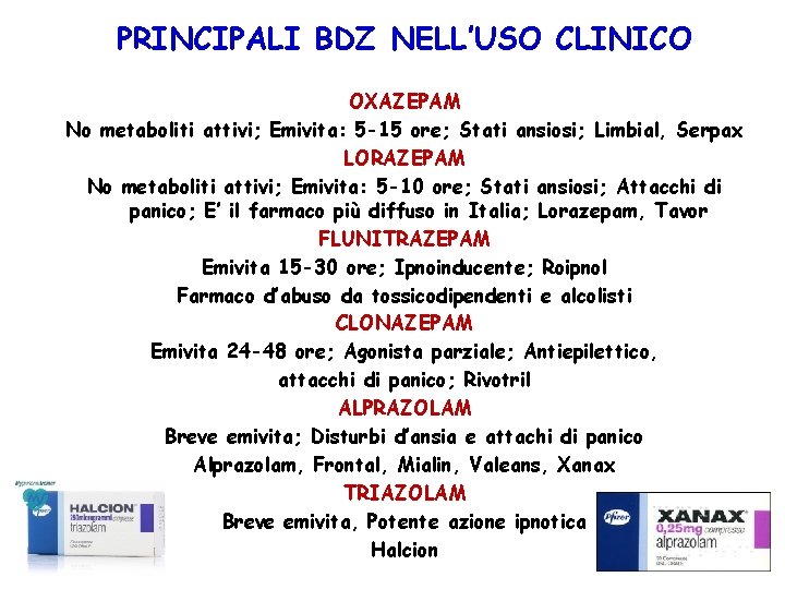 PRINCIPALI BDZ NELL’USO CLINICO OXAZEPAM No metaboliti attivi; Emivita: 5 -15 ore; Stati ansiosi; PRINCIPALI BDZ NELL’USO CLINICO OXAZEPAM No metaboliti attivi; Emivita: 5 -15 ore; Stati ansiosi;