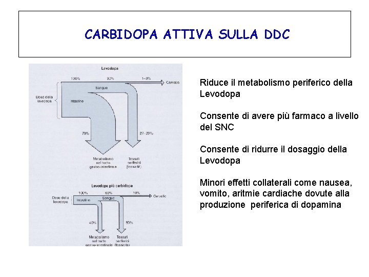 CARBIDOPA ATTIVA SULLA DDC Riduce il metabolismo periferico della Levodopa Consente di avere più