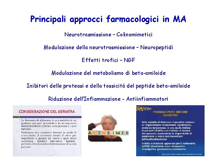 Principali approcci farmacologici in MA Neurotrasmissione – Colinomimetici Modulazione della neurotrasmissione – Neuropeptidi Effetti