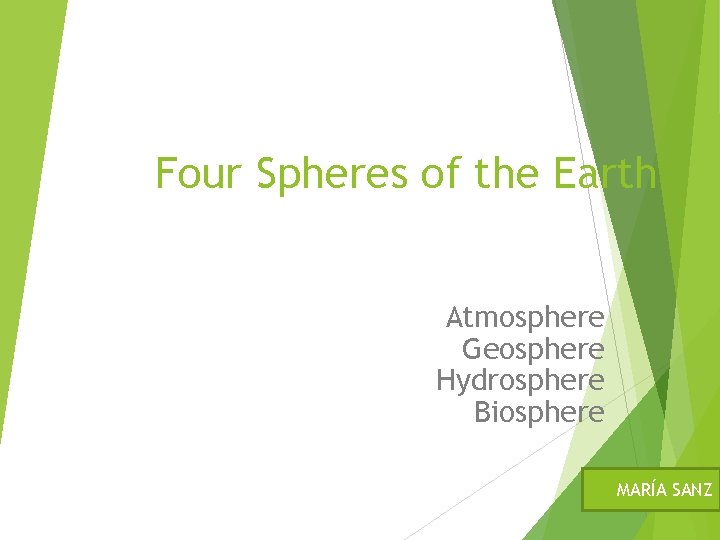 Four Spheres of the Earth Atmosphere Geosphere Hydrosphere Biosphere MARÍA SANZ 