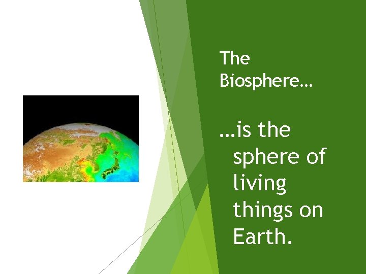 The Biosphere… …is the sphere of living things on Earth. 