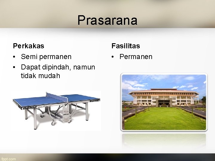 Prasarana Perkakas Fasilitas • Semi permanen • Dapat dipindah, namun tidak mudah • Permanen