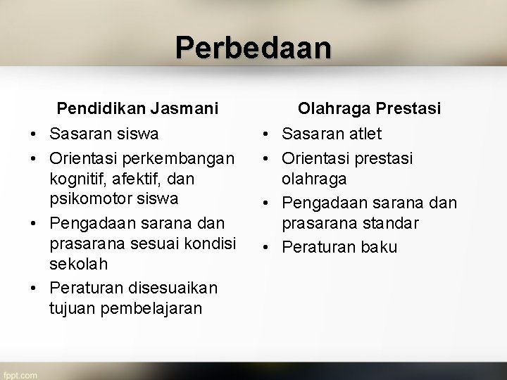 Perbedaan Pendidikan Jasmani • Sasaran siswa • Orientasi perkembangan kognitif, afektif, dan psikomotor siswa