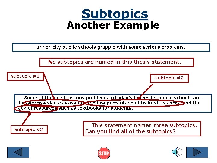 Subtopics Another Example Inner-city public schools grapple with some serious problems. No subtopics are