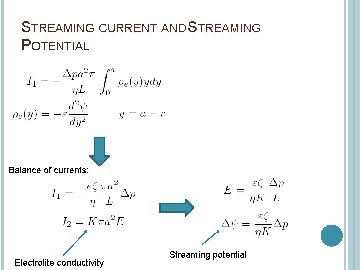 STREAMING CURRENT AND STREAMING POTENTIAL Balance of currents: Electrolite conductivity Streaming potential 