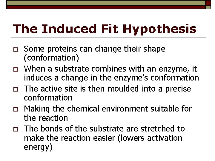 The Induced Fit Hypothesis o o o Some proteins can change their shape (conformation)