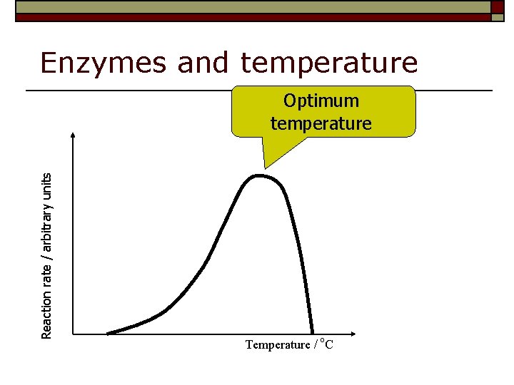 Enzymes and temperature Reaction rate / arbitrary units Optimum temperature Temperature / o. C
