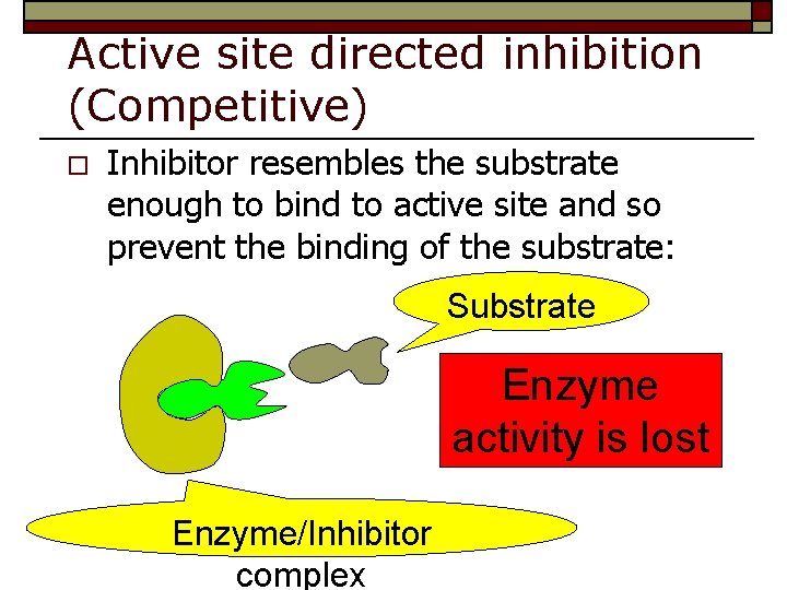 Active site directed inhibition (Competitive) o Inhibitor resembles the substrate enough to bind to