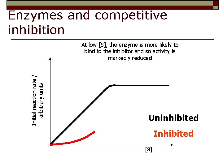 Enzymes and competitive inhibition Initial reaction rate / arbitrary units At low [S], the