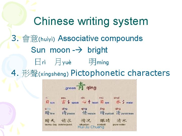 Chinese writing system 3. 會意(huìyì) Associative compounds Sun moon - bright 日rì 月yuè 明míng