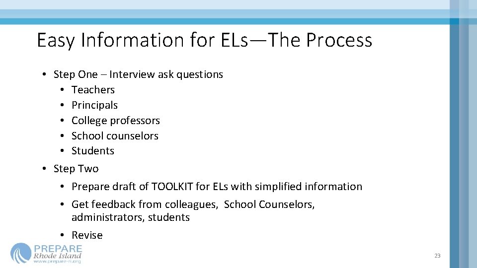 Easy Information for ELs—The Process • Step One – Interview ask questions • Teachers Easy Information for ELs—The Process • Step One – Interview ask questions • Teachers