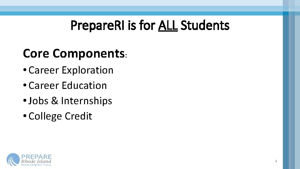 Prepare. RI is for ALL Students Core Components: • Career Exploration • Career Education Prepare. RI is for ALL Students Core Components: • Career Exploration • Career Education