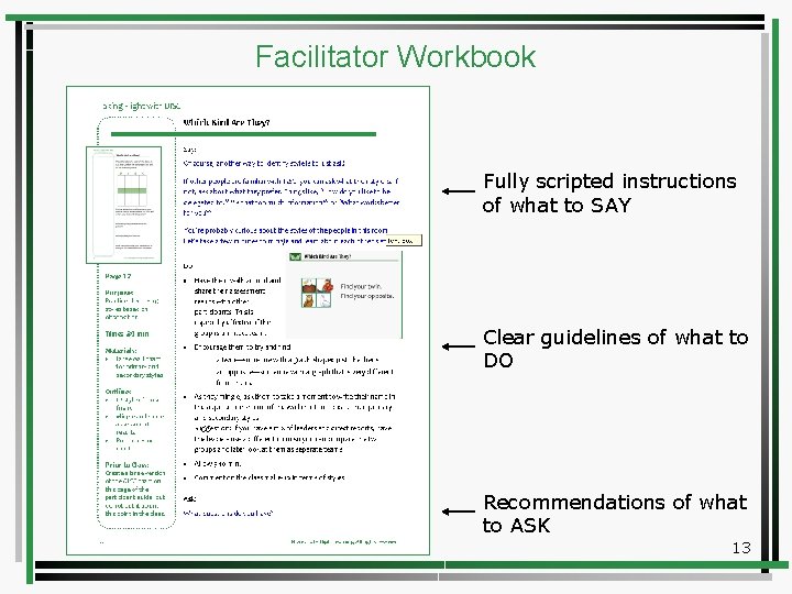 Facilitator Workbook Fully scripted instructions of what to SAY Clear guidelines of what to