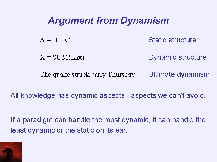 Argument from Dynamism A=B+C Static structure X = SUM(List) Dynamic structure The quake struck