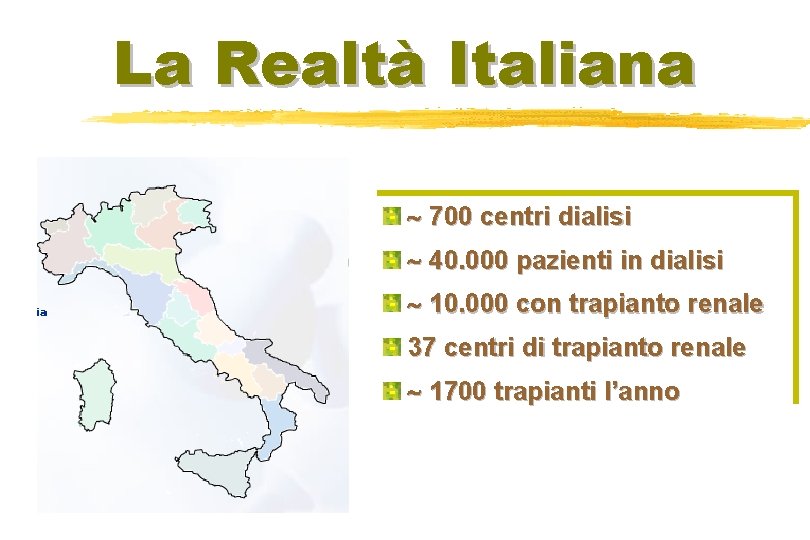 La Realtà Italiana 700 centri dialisi 40. 000 pazienti in dialisi 10. 000 con