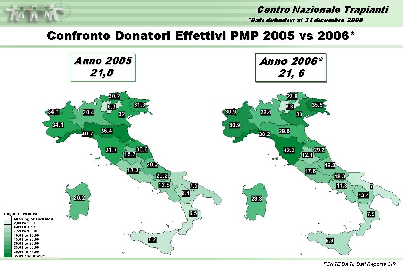 Centro Nazionale Trapianti *Dati definitivi al 31 dicembre 2006 Confronto Donatori Effettivi PMP 2005