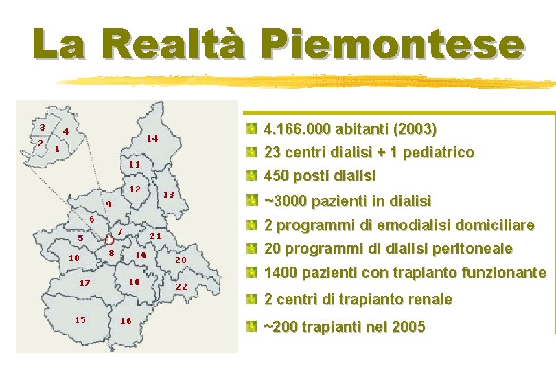 La Realtà Piemontese 4. 166. 000 abitanti (2003) 23 centri dialisi + 1 pediatrico