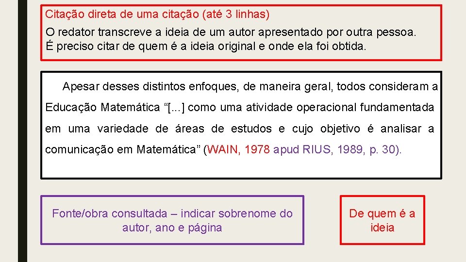 Citação direta de uma citação (até 3 linhas) O redator transcreve a ideia de