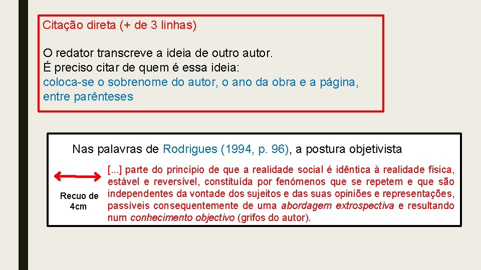 Citação direta (+ de 3 linhas) O redator transcreve a ideia de outro autor.