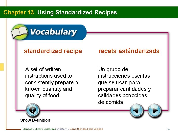 Chapter 13 Using Standardized Recipes standardized recipe receta estándarizada A set of written instructions