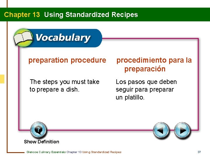 Chapter 13 Using Standardized Recipes preparation procedure procedimiento para la preparación The steps you