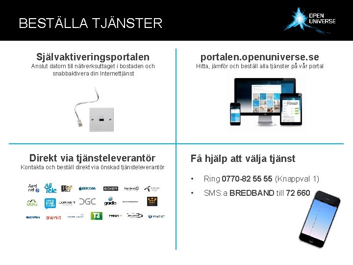 BESTÄLLA TJÄNSTER Självaktiveringsportalen. openuniverse. se Anslut datorn till nätverksuttaget i bostaden och snabbaktivera din